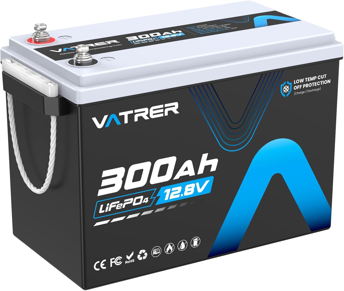12V 300AH Low Temp Cutoff LiFePO4 Battery, Built in 200A BMS, Max 2560W Power Output, 5000+ Cycles Rechargeable Lithium Deep Cycle Battery, Perfect for RV/Camper, Backup Power, Solar and Off Grid