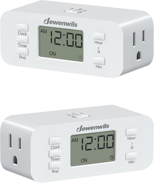 DEWENWILS 24 Hour Programmable Digital Timer Outlet, 2 Pack Timers for Electrical Outlets, Indoor Light Timers for Lamp Fan Aquarium, 2 Grounded Outlet, 125V/15A Resistive/1000W Tungsten, 3 Prong
