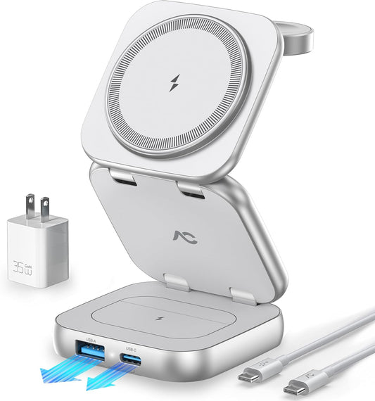 5-in-1 Wireless Charger for MagSafe, AC ISLAND Portable Travel Charging Station, 15W Max Fast Foldable Magnetic Stand, Evolved for iPhone 16/15/14/13 Series, Apple Watch, AirPods (with 35W Adapter)