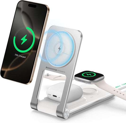 Wireless Mag-Safe Charger Stand for iPhone 16 Pro Max, 3 in 1 Charging Station for Multiple Devices, Metal Foldable Travel Charger for Apple Watch & AirPods, Built-in Retractable USB-C Cable, White