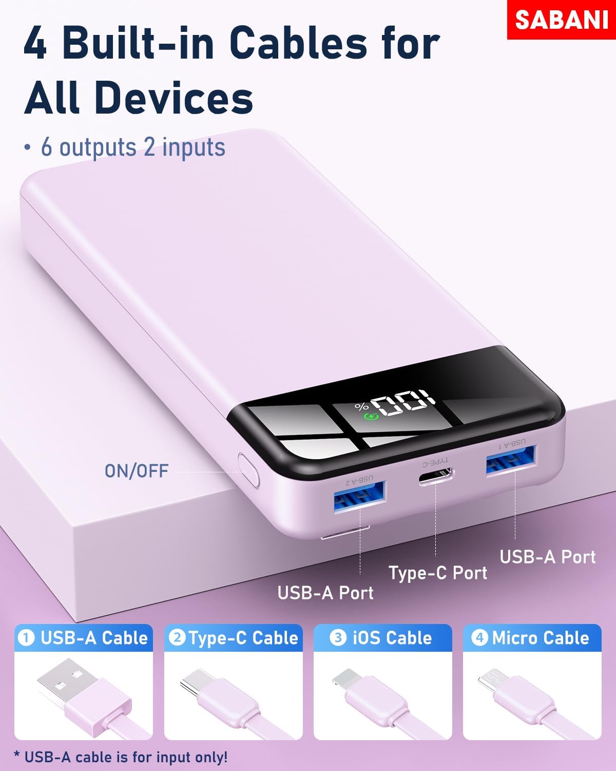 SABANI Portable Charger 35000mAh Power Bank - Portable Battery with 4 Built in Cables, 22.5W Fast Charging Battery Pack Compatible with iPhone 16 15 14 13 Samsung Android Phone etc (1 Pack, Purple)