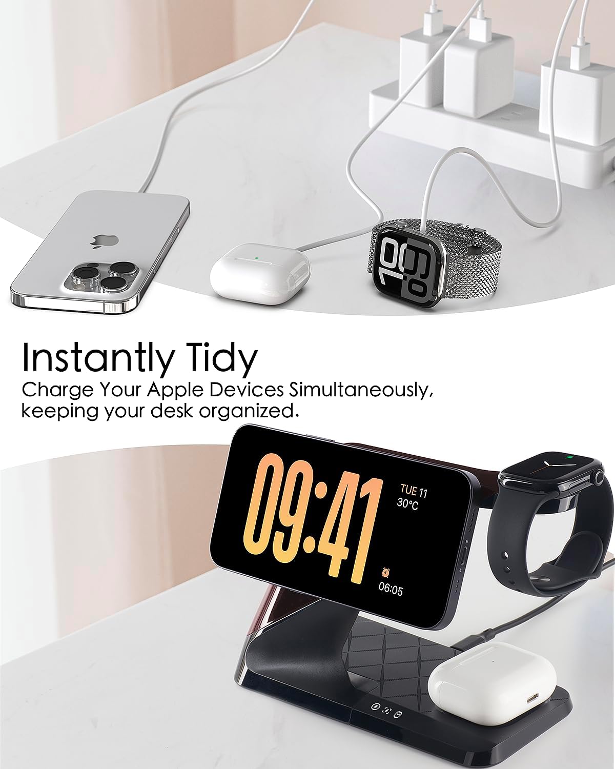 3 in 1 Charging Station for Apple Devices, Mag-Safe Charger Stand, Wireless Charger for iPhone 16/15/14/13/12 Series,& AirPods,& iWatch, Adapter Not Included