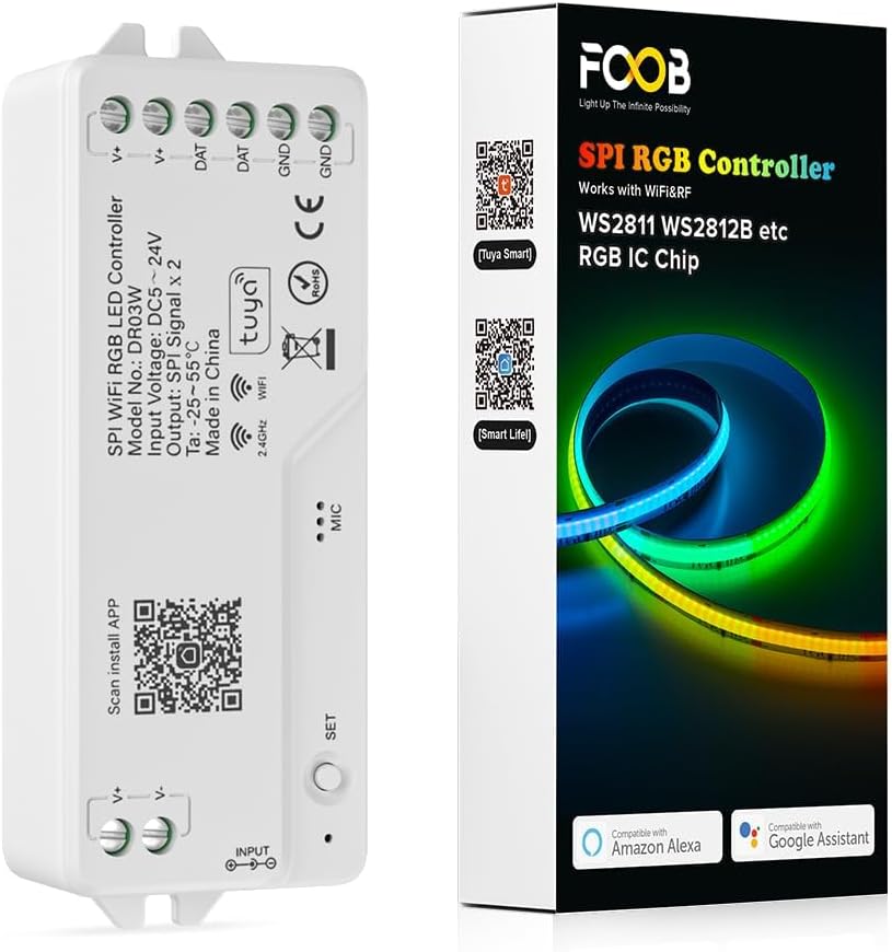 WiFi RGB IC LED Controller DR03W, Control by Smart Life/Tuya APP/Alexa/Google Home, Support WS2811/WS2812B COB Strip, SPI RGB Controller Work with WR01RF RC03RFB RF Remote