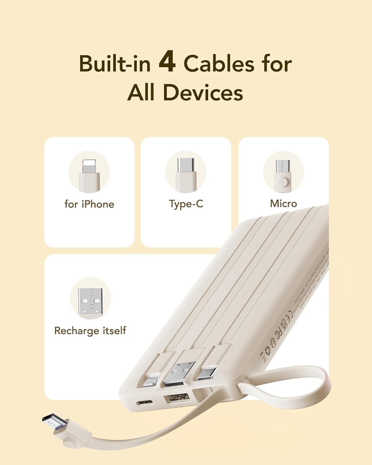 VRURC Portable Charger Power Bank,10000mAh Travel Essentials Battery Pack, 5 Outputs 2 Inputs Slim USB C Charging Bank Built-in Cables Cords Compatible with iPhone,Samsung,Android-Light Coffee(1 Pack)