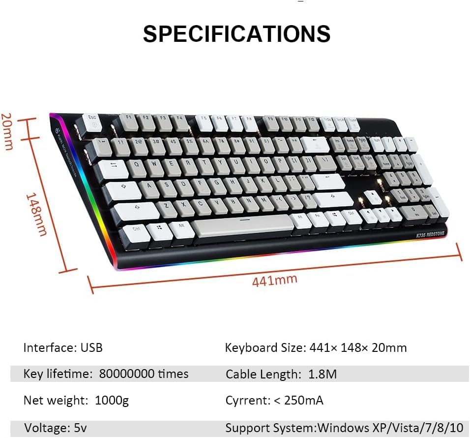 Wired Full Size Mechanical Keyboard, Aluminum Housing Built for Gamers w/Kailh Box White Switch, White Backlit + Surrounded by RGB Light Strip, 104 Keys Gaming Keyboard for PC/Mac