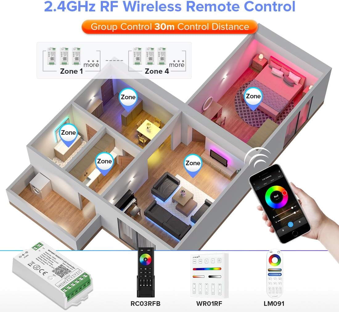 BTF-LIGHTING C05W RGBCCT PWM SMD FCOB (+ R G B C W) 6PIN LED Strip 2.4GHz Tuya WiFi Group Controller Alexa Google Home Control Match with WR01RF RC03RFB RC04RFB RC05RFB Remote