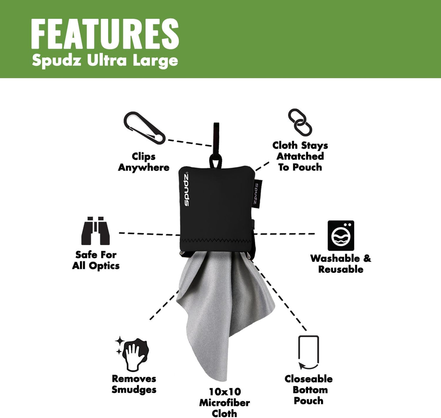 SPUDZ Ultra Microfiber Lens Cleaner – Closable Pouch, Clip-On, Washable – for Optics, Scopes, Glasses | Alpine Mountain Camo, 10 x 10 Inch