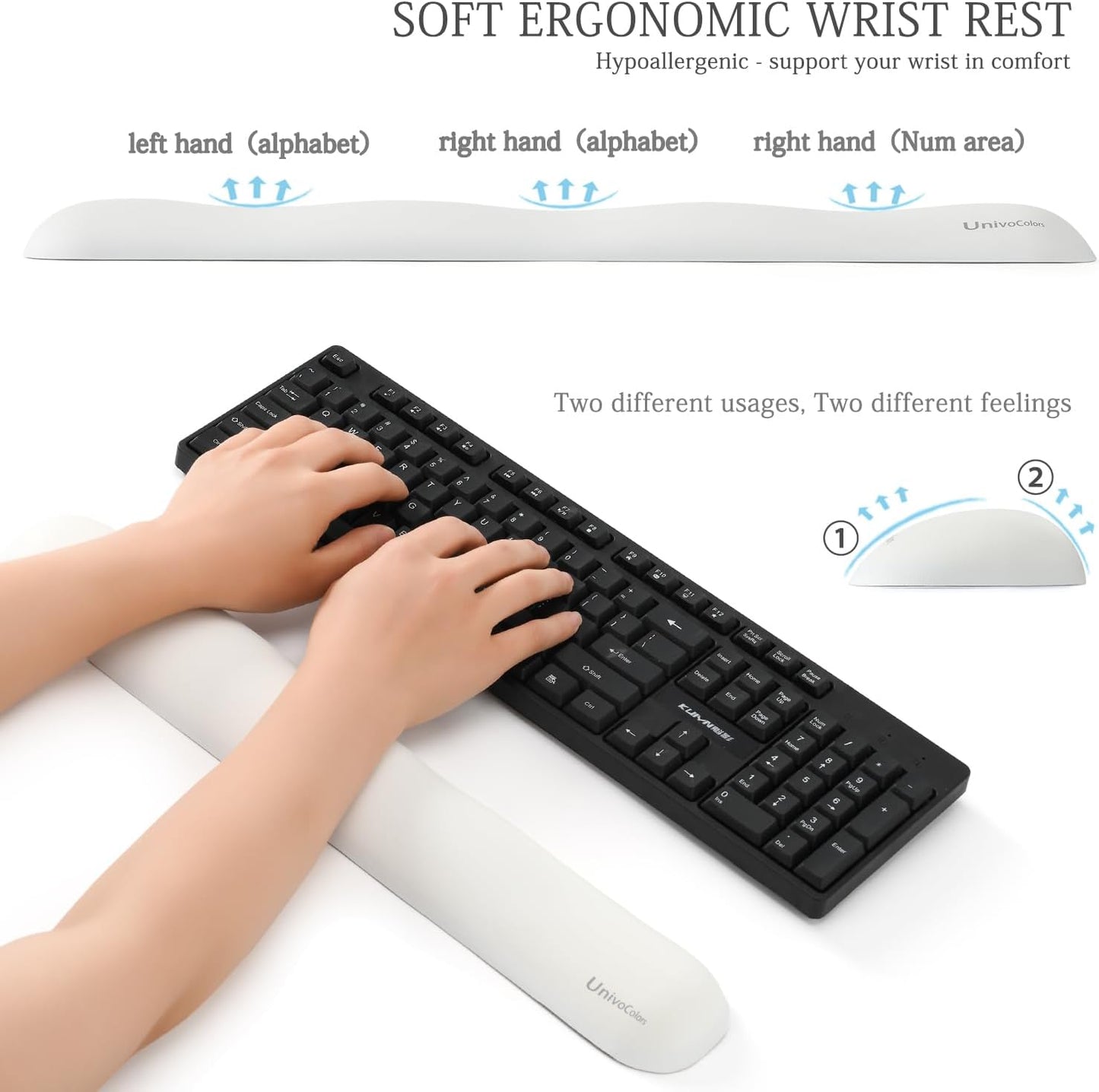 UnivoColors Design-Wave Set of Wrist Rest,Artificial Sheepskin+Memory Foam+Ergonomic+Anti-Slip Gel, Resilience Support During Work and Gaming,Keyboard Accessory,White