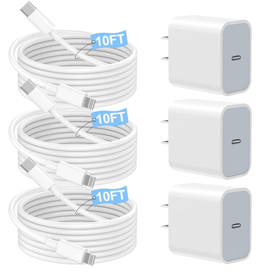 Fast Charger iPhone,iPhone Charger Fast Charging[Apple MFi Certified]3Pack Apple Charger USB C Wall Charging Block 10FT Long USB C to Lightning Cable Cord for iPhone14 Pro Max/13/12 Mini/11/XR/XS/X/SE