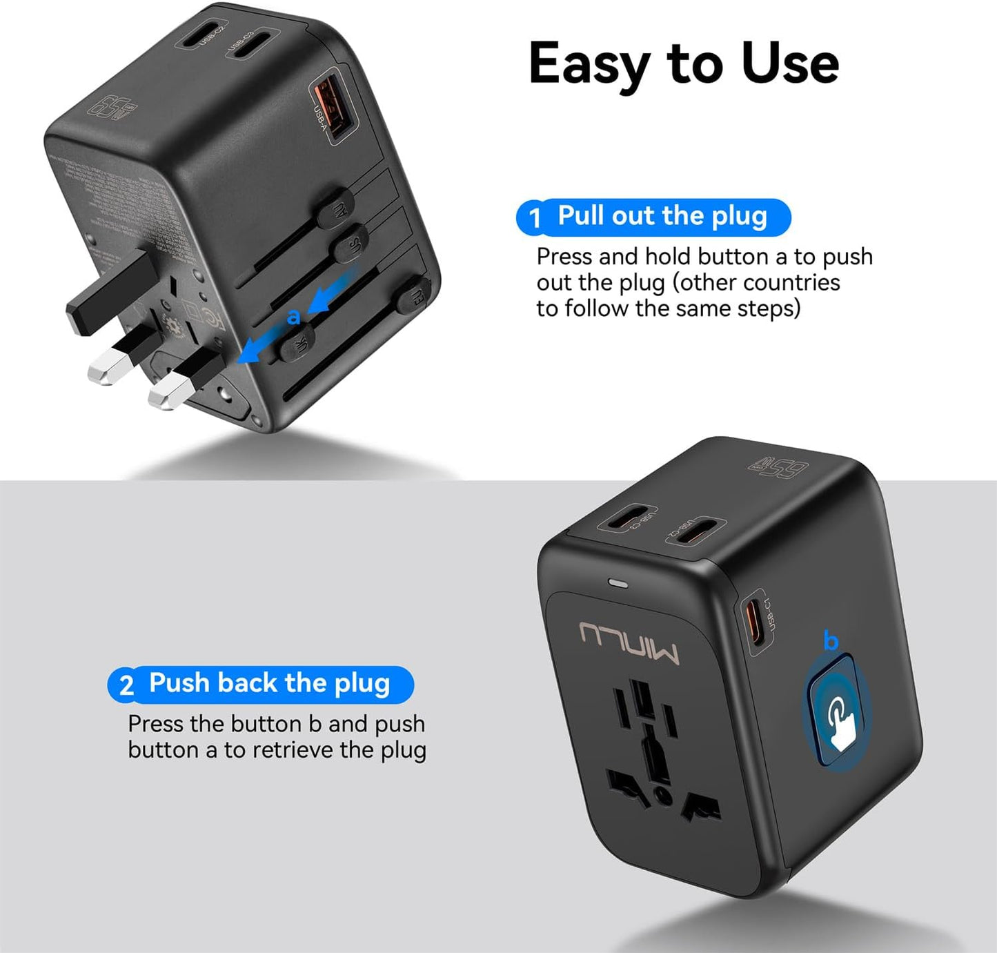 Universal Travel Multi Adapter, PD 65W Worldwide Travel Charger with 100W 3-in-1 Multi Cable/1 USB-A/3 USB-C Fast Charging, All in One Outlet Adapter for iPhone,Laptops,Type USA/EU/UK/AUS