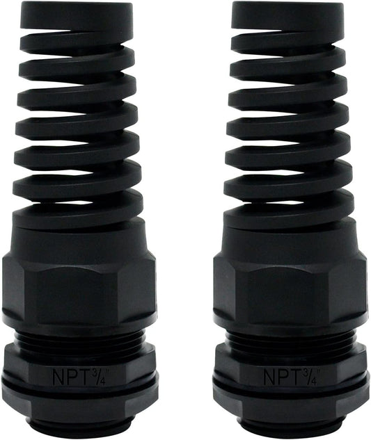 LeMotech 2Pcs NPT 3/4" IP68 Waterproof Cable Gland Flex Spiral Strain Relief Black Nylon Joint with Gaskets for 13-18mm Wire Thread