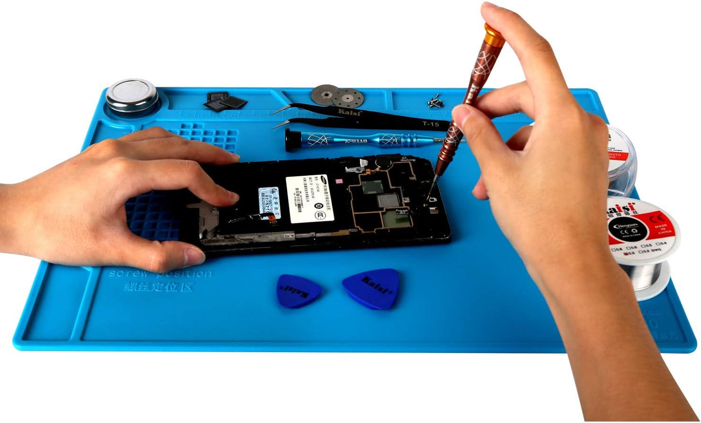 Kaisi S-130 Insulation Silicone Soldering Mat Repair Mat, Heat Resistant Silicone Work Mats 932°F with Scale Ruler and Screw Position for Soldering, CellPhone Electronics Repair, Size: 13.8 x 9.8 inch