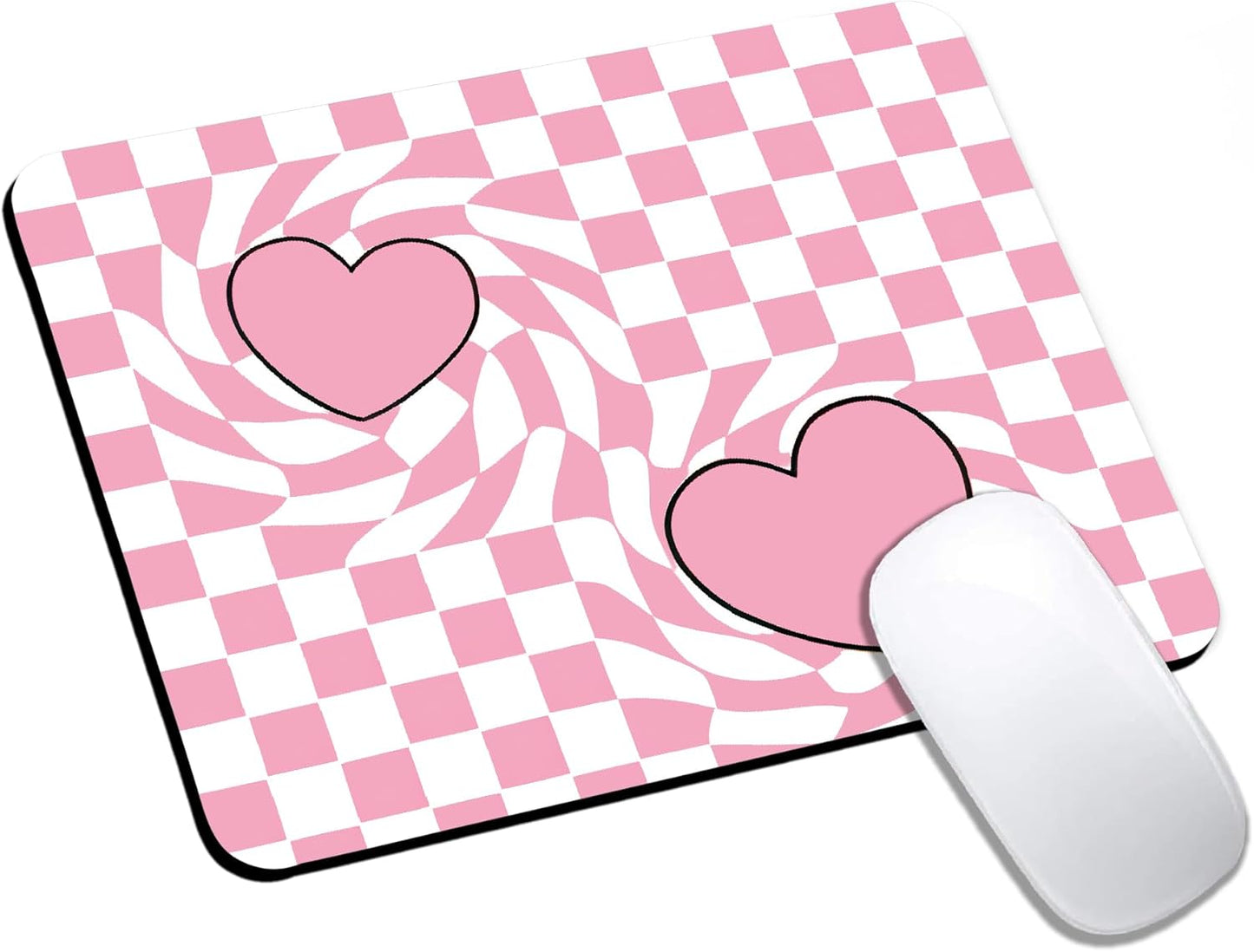 Mouse Pad, Cute Pink Checkered Heart Mouse Pads for Desk, 9.5" x 7.9" Non-Slip Rubber Base Computer Mousepad with Women, Portable Square Design for Wireless Mouse and Pad Laptop Office & Travel
