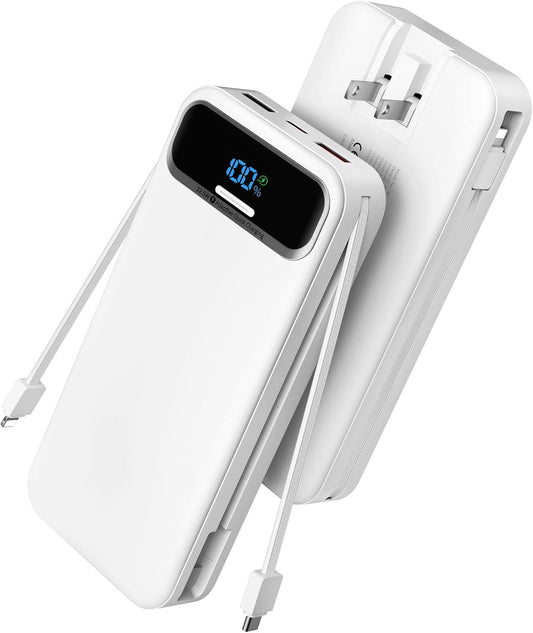 Portable Charger Power Bank with Built in Cables and AC Wall Plug,PD20W&SCP22.5W USB-C Super Fast Charging,20000mAh Travel Phone Charging,LED Display Battery Pack Compatible All iPhone Samsung etc