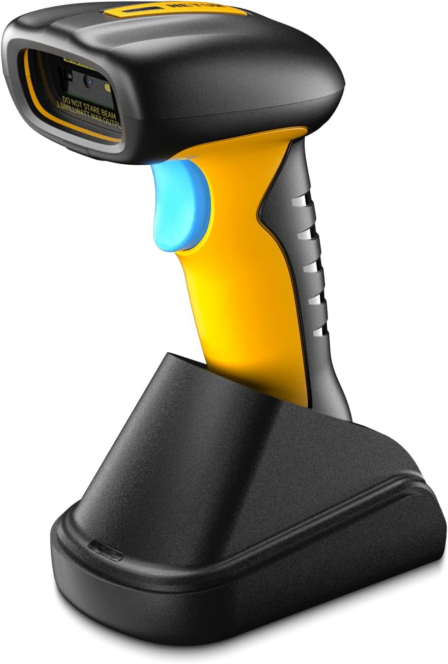 NETUM Upgraded QR Industrial Bluetooth Barcode Scanner with Charging Dock, Wireless 2D 1D Bar Code Reader 2600mAh Drop Protection Shock Dust Proof Hands Free for Windows Mac Android iOS (RD-1200)