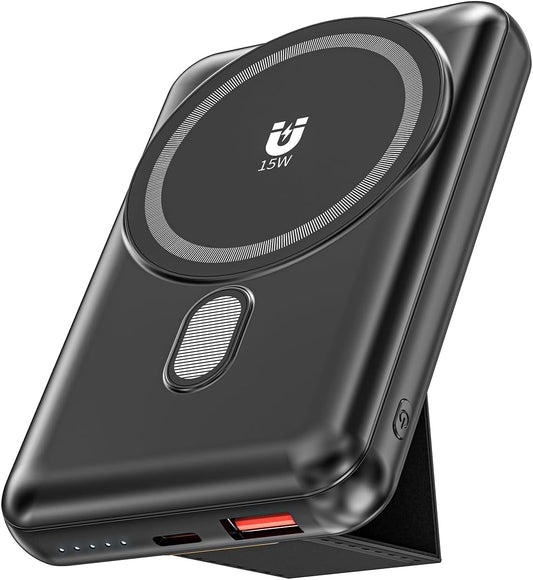 Magnetic Power Bank 10000mAh, Wireless Portable Charger with Stand, 15W Fast Charging Magnetic Battery Pack w/USB-C, Compatible with Magsafe iPhone 15/15 Plus/15 Pro/15 Pro Max, iPhone 14/13/12 Series