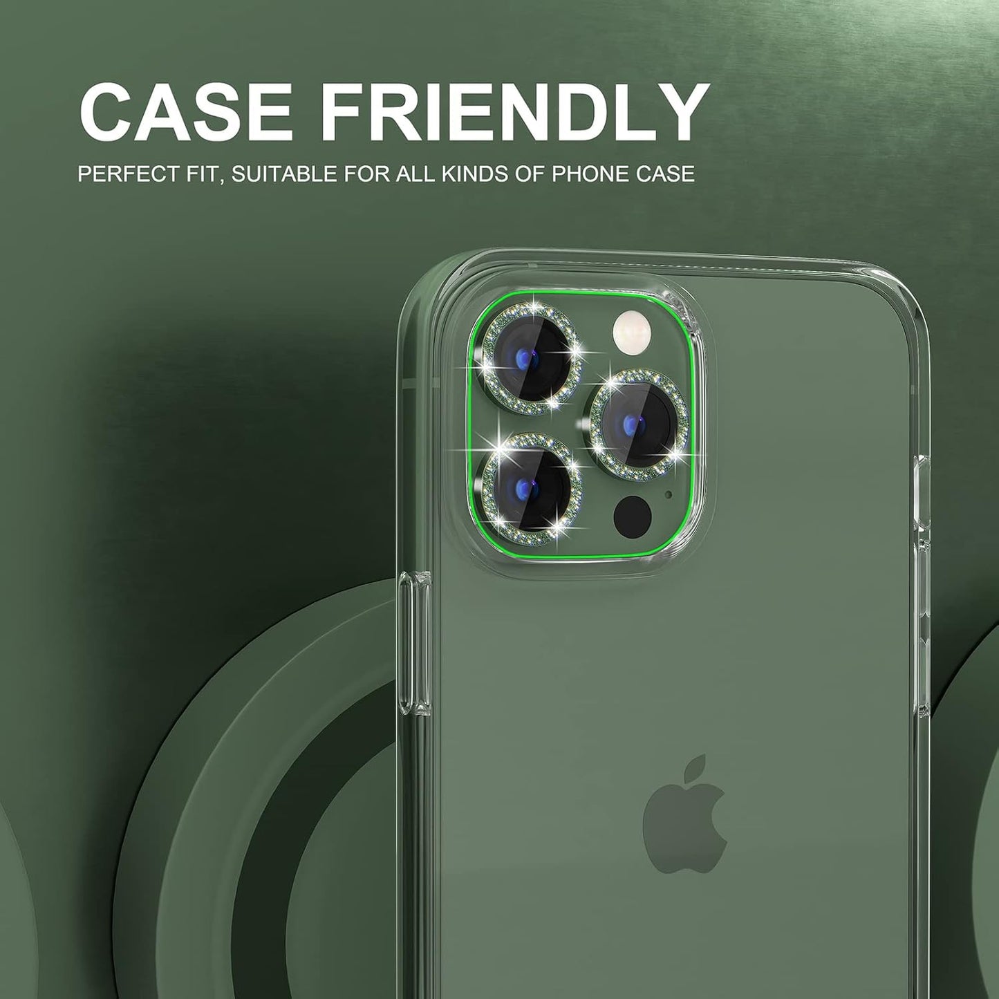 Choiche [3+1 for iPhone 13 Pro/iPhone 13 Pro Max Camera Lens Protector Bling, 9H Tempered Glass Camera Cover Screen Protector Metal Ring Decoration Accessories (Glitter-Alpine Green)