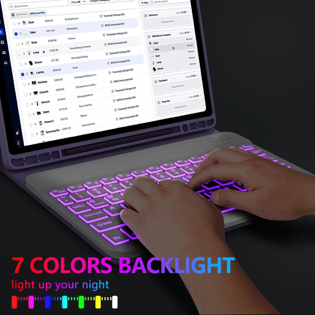 Keyboard Case for Samsung Galaxy Tab A9 Plus 5G 11 inch 2023 (SM-X210/X216/X218), 7 Color Backlit Detachable Keyboard Bluetooth, Smart Folio Cover with S Pen Holder for Galaxy Tab A9+ 11"(Purple)