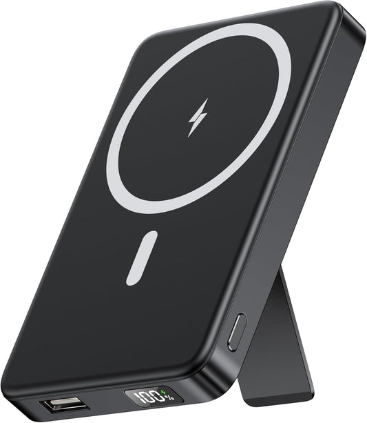 YUJE for Magsafe Battery Pack Magnetic Power Bank 10000mAh, Wireless Portable Charger with Foldable Stand Dual USB-C & USB-A Port Fast Charging Compatible with iPhone 16/15/14/13/12 Pro/Max/Plus