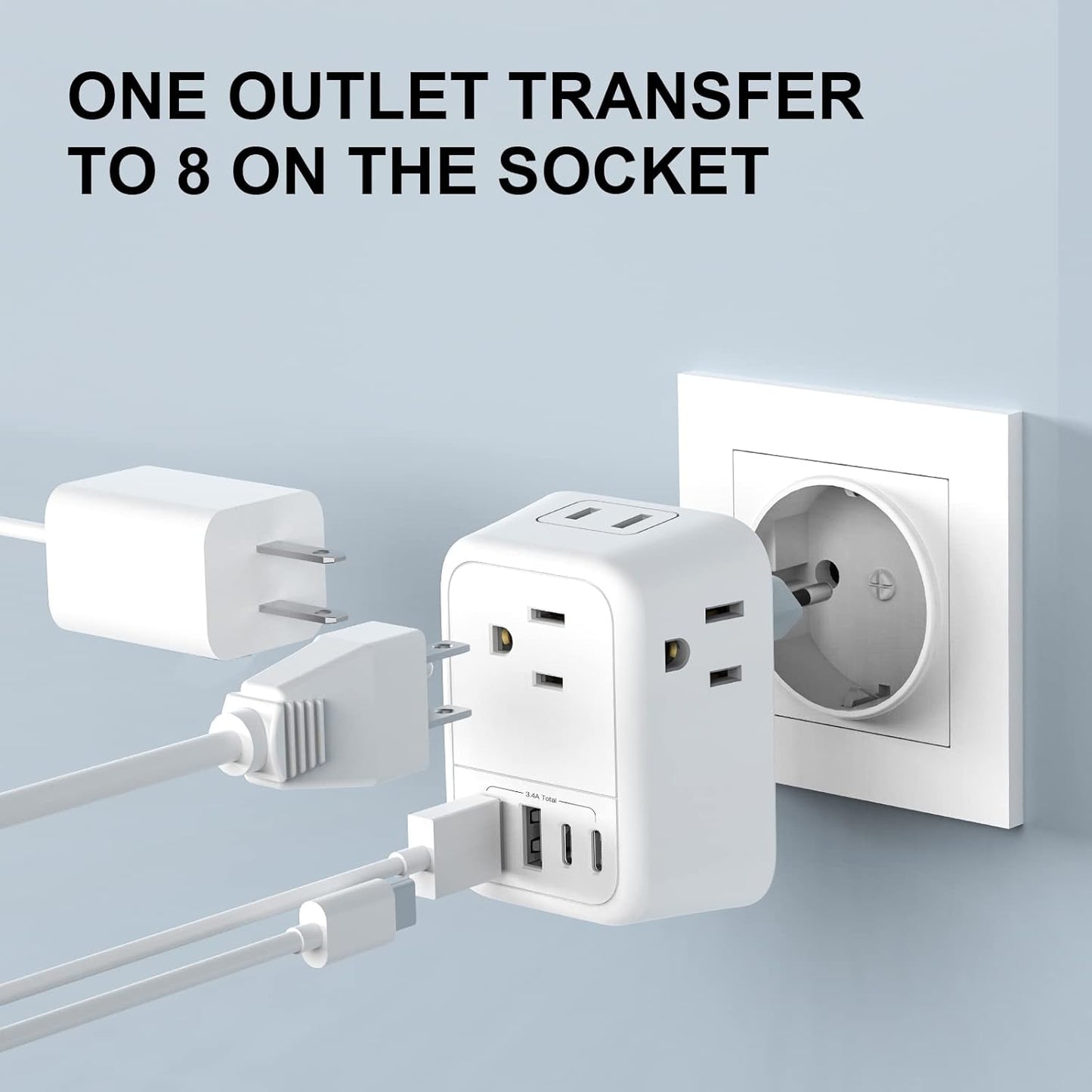 Travel Plug Adapter, International Plug Adapter with 4 AC Outlets 4 USB Ports(2 USB C), Travel Adapter Type C Travel Essentials for US to Most Europe France Germany Italy Spain [1 Pack]