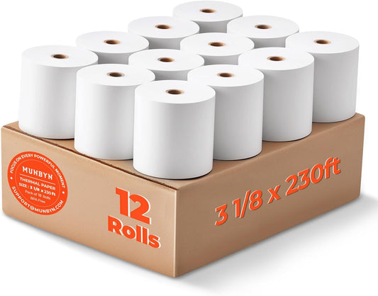 MUNBYN Thermal Receipt Paper 3 1/8 x 230ft, Compatible with Star Micronics TSP100 TSP143 Epson 80mm Receipt Printer Square POS Register Credit Card Terminals, Pos Register Paper BPA Free, 12 Rolls
