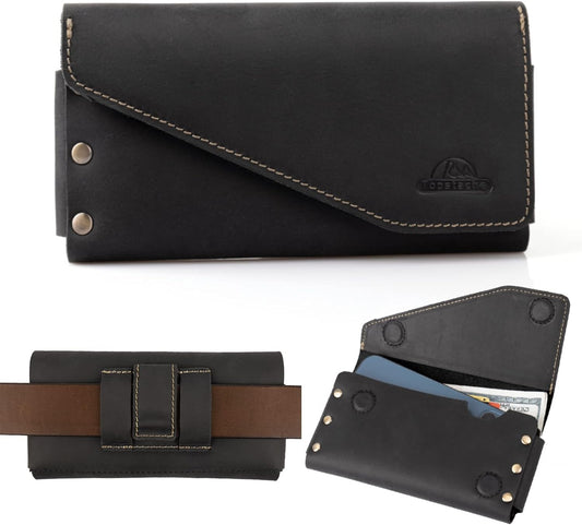 Topstache Leather Phone Holster with Belt Clip for Galaxy S23,S22,iPhone 14,14 Pro,Belt Phone Case for Universal Smartphone with Otterbox Case,Flip Cellphone Pouch,L,Black