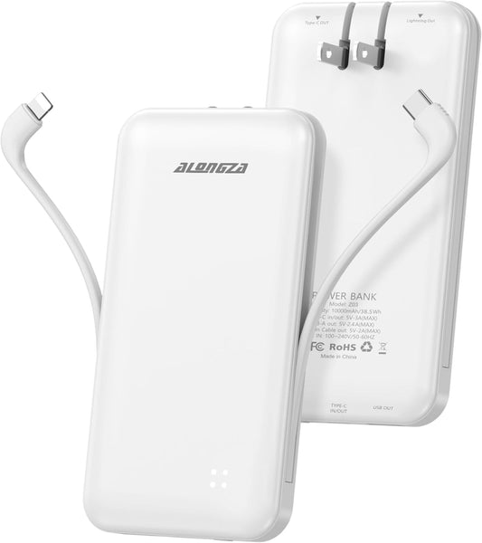 Alongza Portable Charger Built-in Cables and AC Wall Plug, Slim Fast Charging Power Bank 10000mAh, Lightweight USB C External Battery Pack Compact Travel Cell Phone Charger