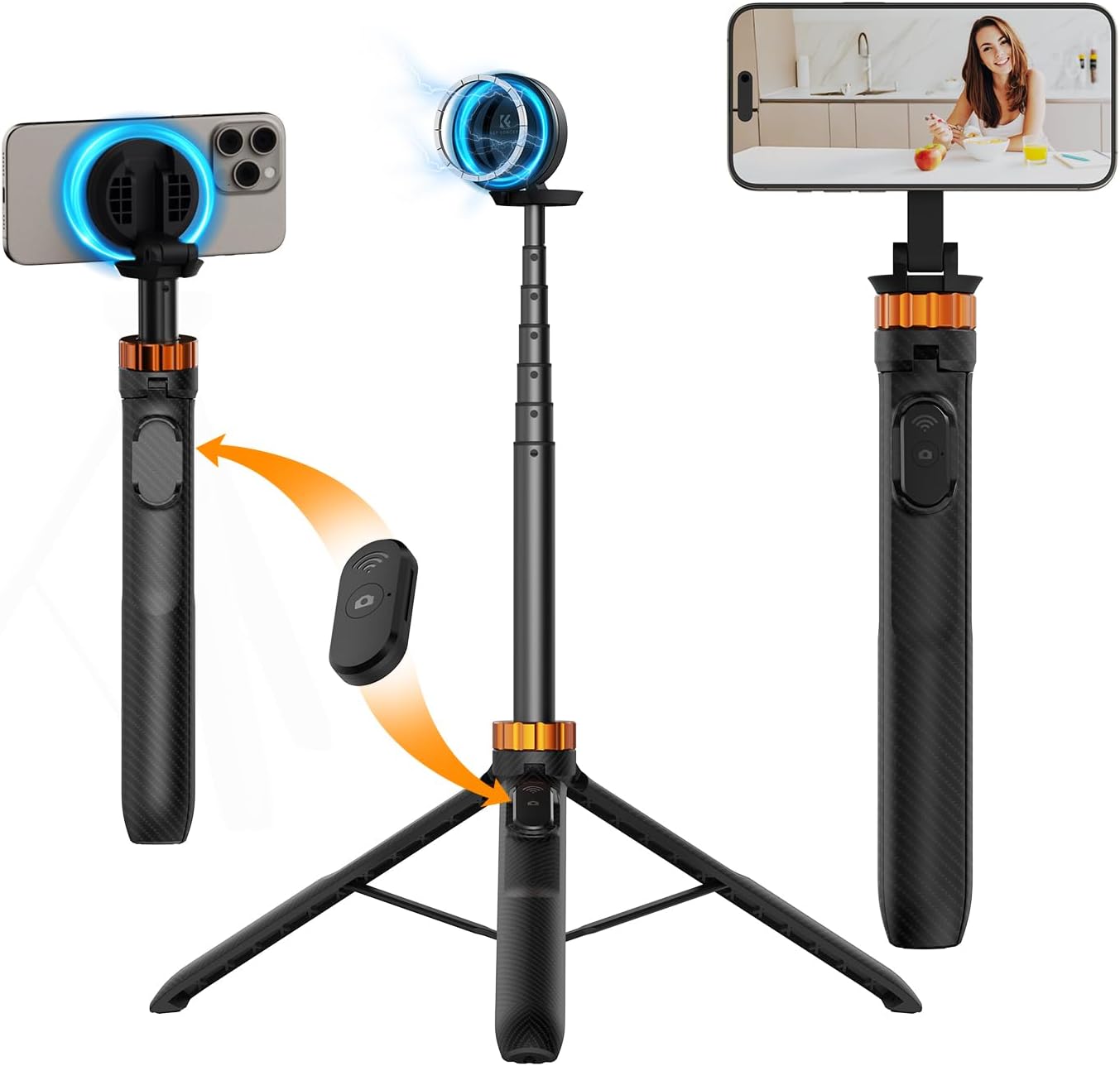 K&F Concept 63'' Magnetic Selfie Stick Tripod for iPhone, Lightweight Cellphone Stand with Wireless Remote, Compatible with iPhone 16 Pro Max/15/14/13/12 Series and All Phones
