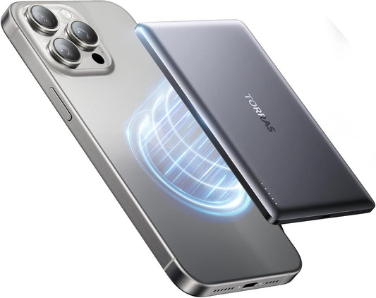 TORRAS MiniMag Power Bank, Ultra Slim 5,000mAh Wireless Portable Charger with USB-C Cable, Fast Charging Magnetic Battery Pack, Magsafe-Compatible for iPhone 16/15/14/13/12, Glacier Gray