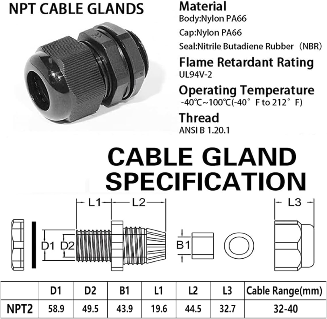 Cable Glands-PENGLIN 2” NPT Nylon Cable Connector,IP68 Waterproof Strain Relief Cord Adjustable Connector With Gaskets for Electrical Box (2 Inch (6-Pack))