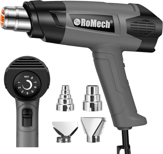 ROMECH 1500W Heavy Duty Heat Gun, Variable Temperature Control Hot Air Gun Kit with 2 Air Flow 120°F~1200°F and 4 Nozzles for Crafts Shrink Wrap (Gray)