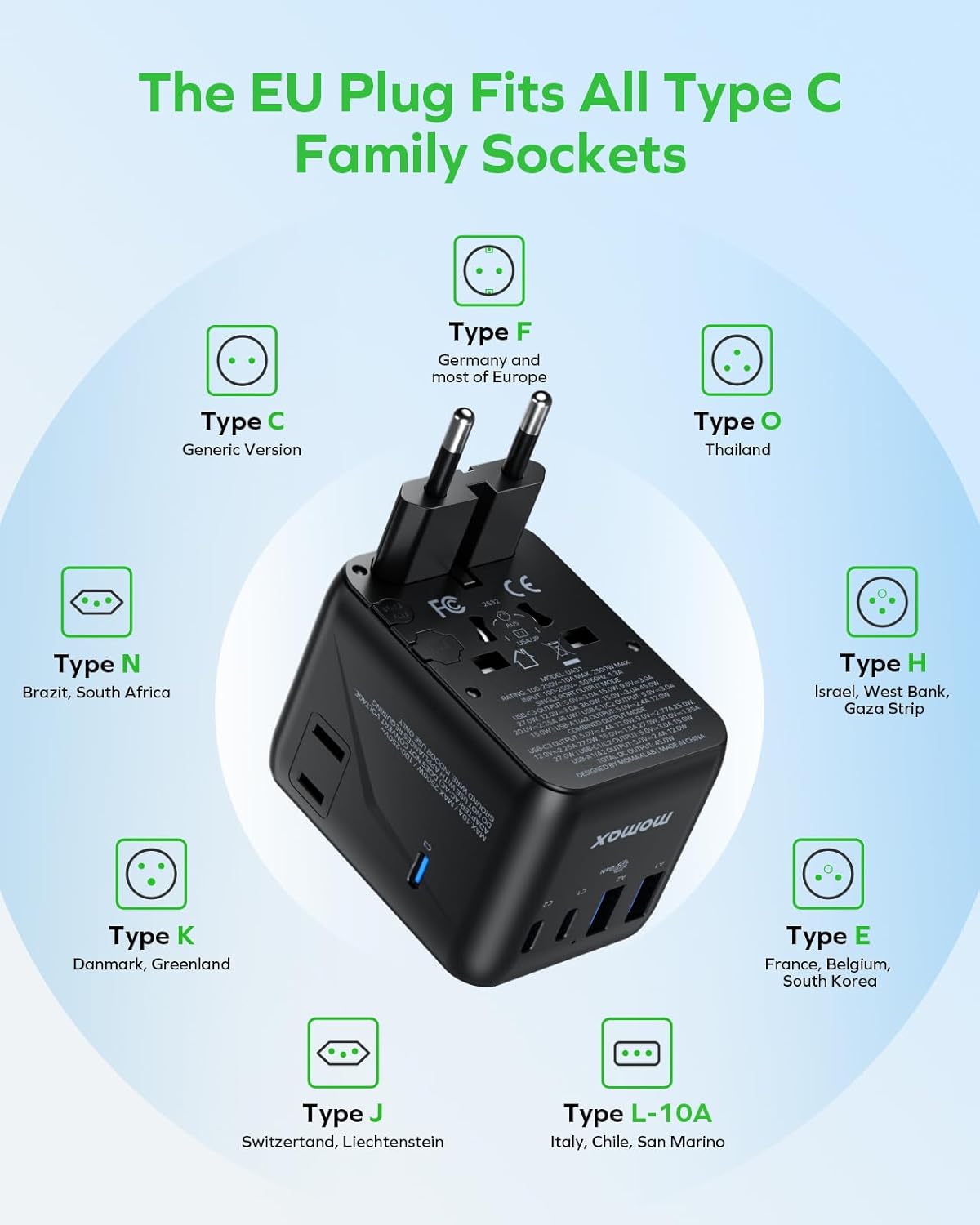 MOMAX Universal Travel Adapter, GaN PD 45W Fast International Power Adapter