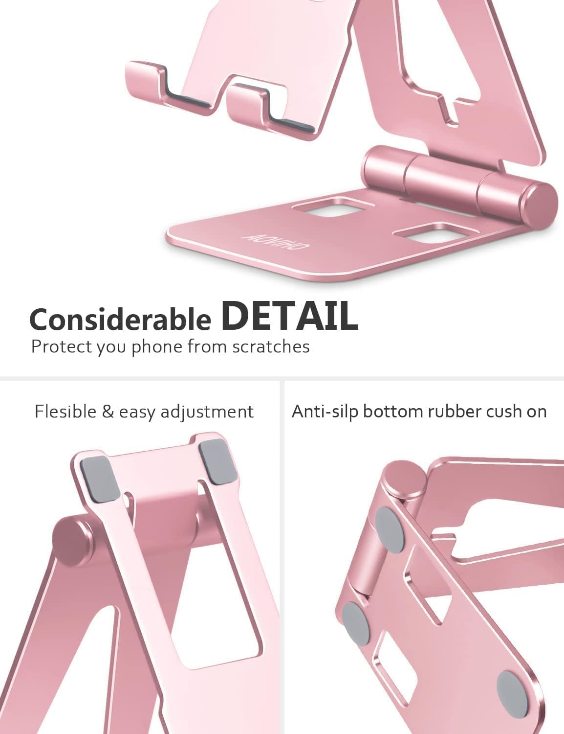 Cell Phone Stand for Desk, Adjustable Desktop Phone Holder Stand, Foldable Moblie Phone Dock for iPhone 15 14 13 12 11 Pro Xs Max Xr X 8 7 6 5 5s SE Nintendo Switch All Phones, Rose Gold