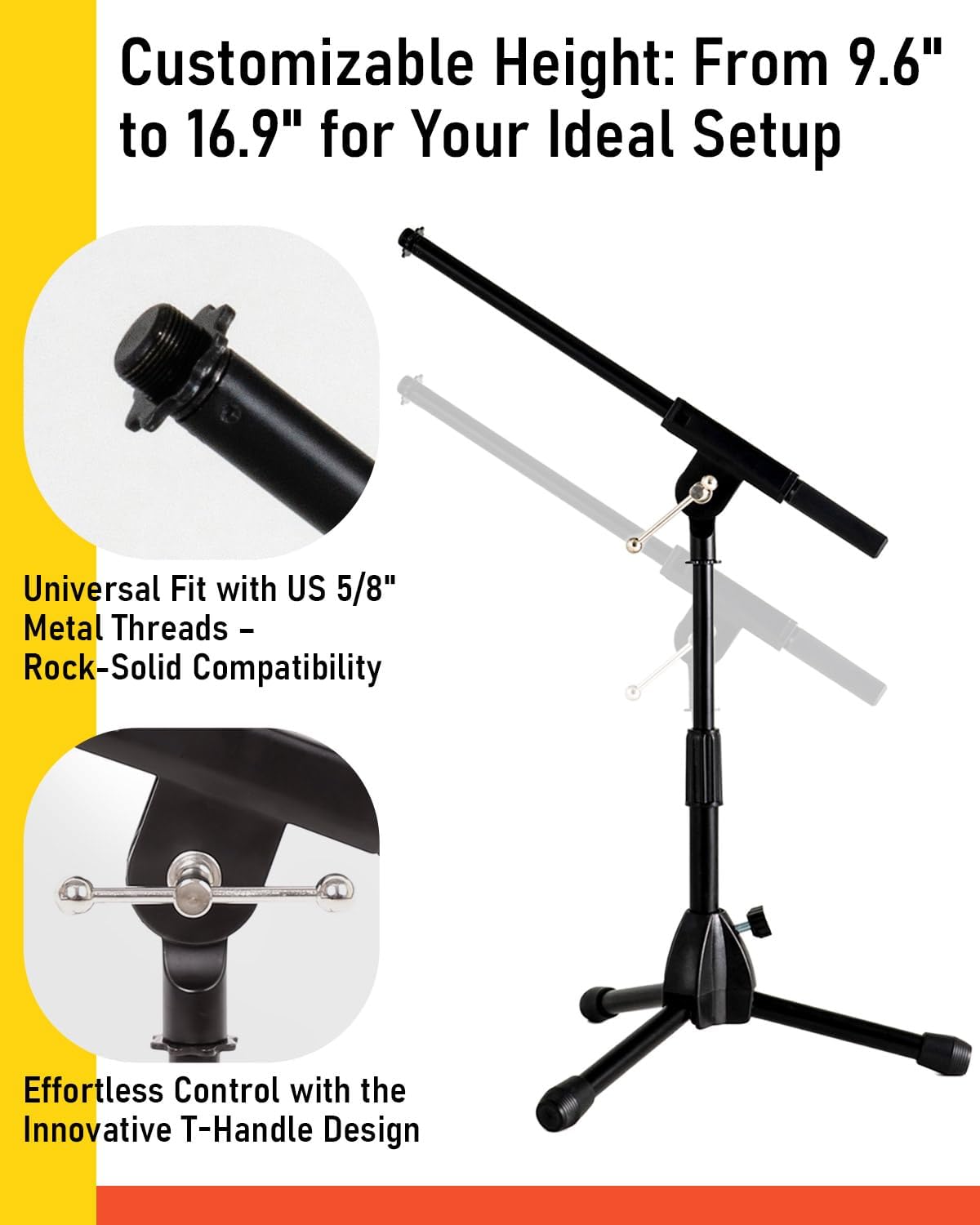 Stage Rocker Foldable Tripod Low-Profile Mic Boom Stand - Height Extending from 9.6'' to 16.9'', w/Adjustable Telescoping Arm Up to 9'', Lightweight/Convenient, Black, Powered by Hamilton(SR610121B)