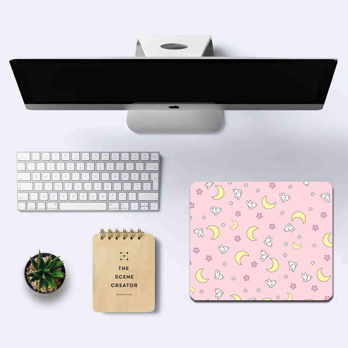 IMAYONDIA Pink Kawaii Mouse Pad, Cute Moon Bunny Small Mouse Mat，Aesthetic Anime Mousepad for Women Kids Office Home School, Computer PC Laptop Mice Pad, 9.5 x 7.9 Inch