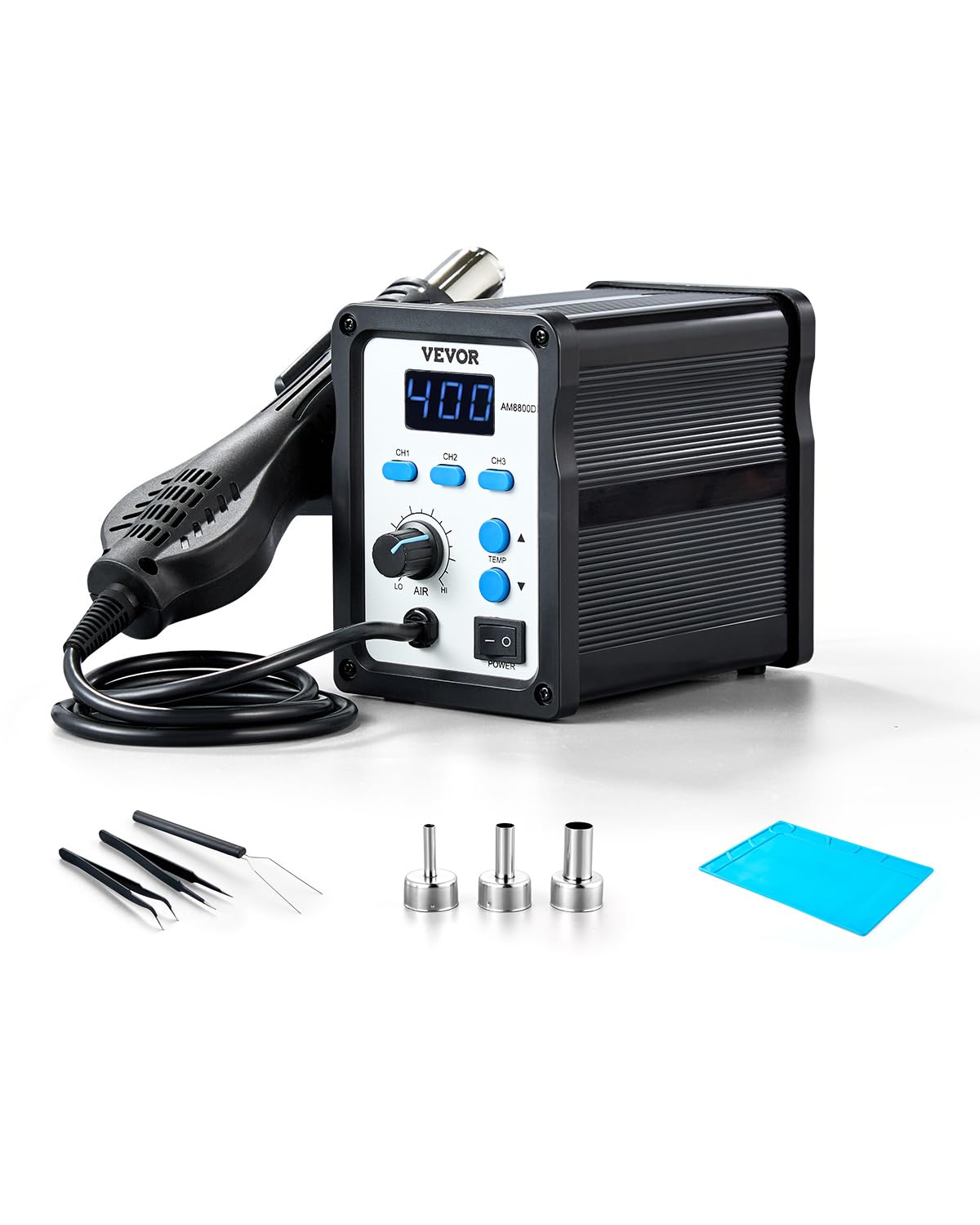 VEVOR Hot Air Rework Station, 700W Digital Display SMD Rework Station, 212℉-932℉ Hot Air Gun with Adjustable Airflow, 3 Pre-Set Channels & ℃/℉ Conversion for Chip Dismantling, Electronics Repair