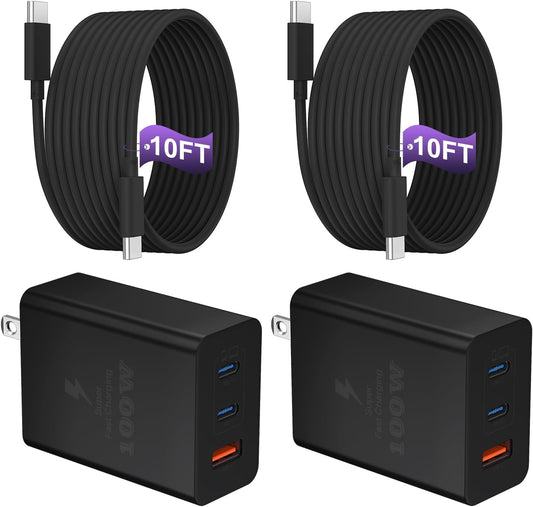 USB C Charger Block 100W, 3-Port GaN Super Fast Charger, Type C Wall Charger Adapter with 10ft USB C Charging Cable for MacBook Pro/Air,iPad Pro, iPhone 16/15Pro, Galaxy S24/S23 and More[2 Pack]-Black