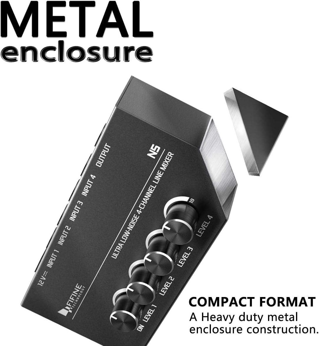 FIFINE Ultra Low-Noise 4-Channel Line Mixer for Sub-Mixing,4 Stereo Channel Mini Audio Mixer with AC adapter.Ideal for Small Club or Bar. As Microphones,Guitars,Bass,Keyboards or Stage Sub Mixer-N5