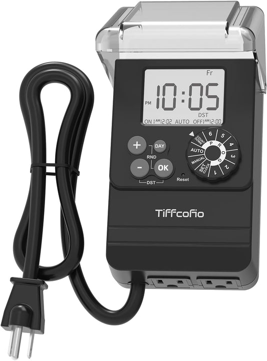 TiFFCOFiO New Digital Outdoor Timer Waterproof, Dial Programmable Method, Outdoor Light Timer with 2FT Extension Cord, 2 Grounded Electrical Outlets for Lights, 6 Sets of Programs, 20A/2500W