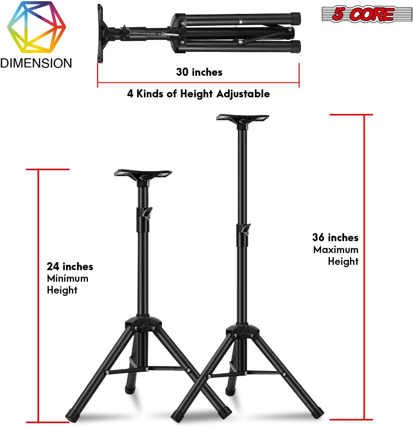 5Core Speaker Stand Tripod Floor Adjustable 24-36 Inch Short DJ Studio Monitor Stands