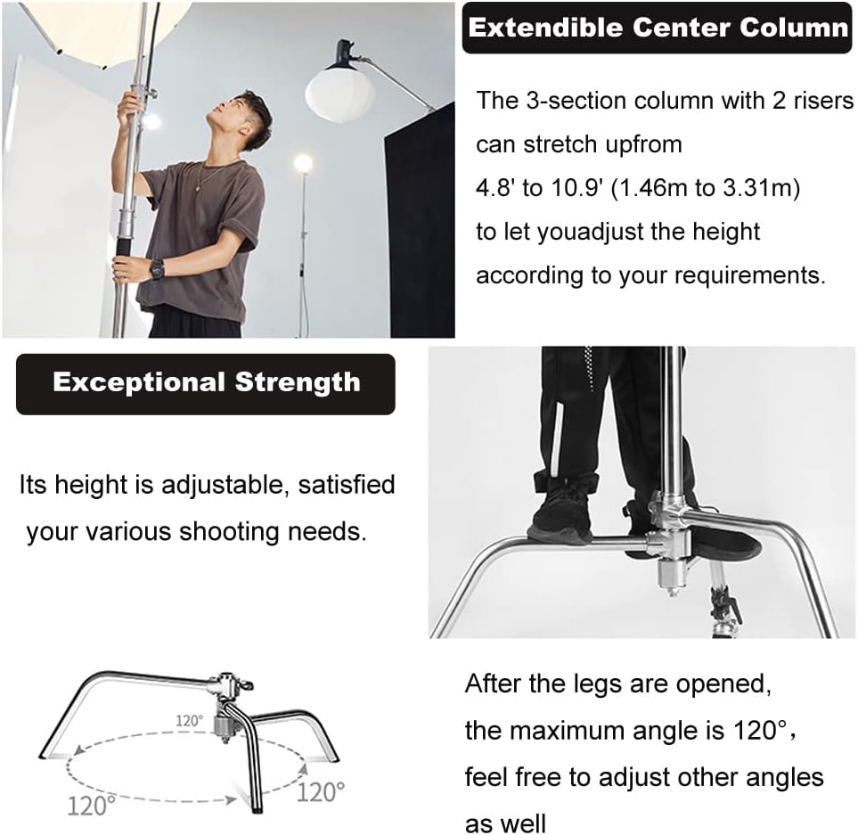 Heavy Duty C Stand 10.8ft/330cm with Holding Arm Carry Bag Sandbag 3*Clip 2*Grip Head Stainless Steel Photography Light Stand C-Stand Sturdy for Photography Studio Video Monolight Softbox Shooting