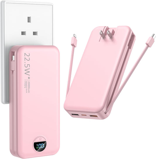 Portable Charger with Wall Plug, 20000mAh USB C Power Bank Fast Charging, External Battery Pack with Built in Cables, Digital Display, 5 Output 2 Input for iPhone Android Cell Phone Tablet
