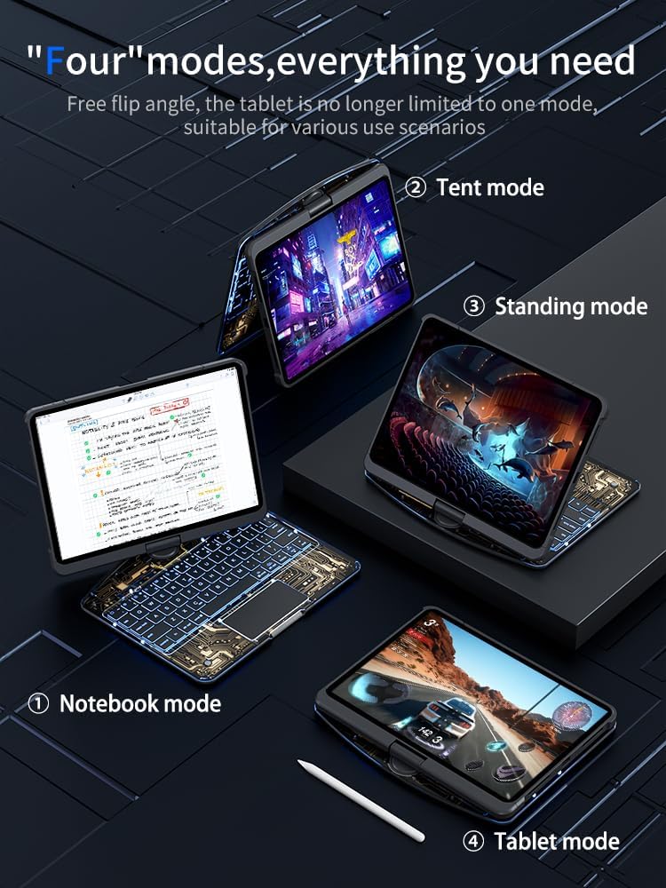 KARTICE Case with Wireless Keyboard Compatible with iPad Pro 11 2024 11 inch, Multi-Touch Trackpad, 7 Color Backlight, 360° Rotating Stand with Pencil Holder for iPad Pro 11, Excludes iPad and Pencil