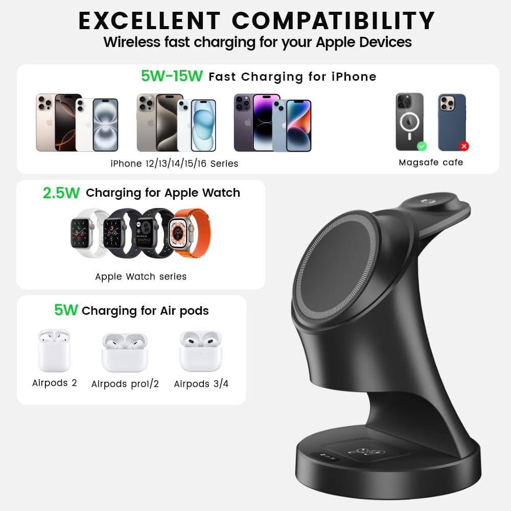 3 in 1 Wireless Charging Station for Apple Devices,Magsafe Charger Stand for IPhone16 15 14 13 12 Pro/Max/Plus/Mini Wireless Charger Station for AirPods 2/3/Pro iWatch Ultra/8/7/SE/6/5/4/3/2