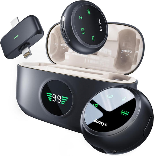 Wireless Lavalier Microphone for iPhone Android, 2in1 Magnetic & Clamp Lapel, Banxye Ultra-light 1 Click Noise Cancelling Studio Sound, Lapel Mic for Video Recording, Streaming, Youtube, Tiktok, Beige