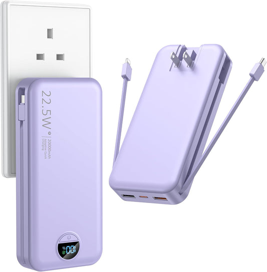 Portable Charger with Wall Plug, 20000mAh USB C Power Bank Fast Charging, External Battery Pack with Built in Cables, Digital Display, 5 Output 2 Input for iPhone Android Cell Phone Tablet