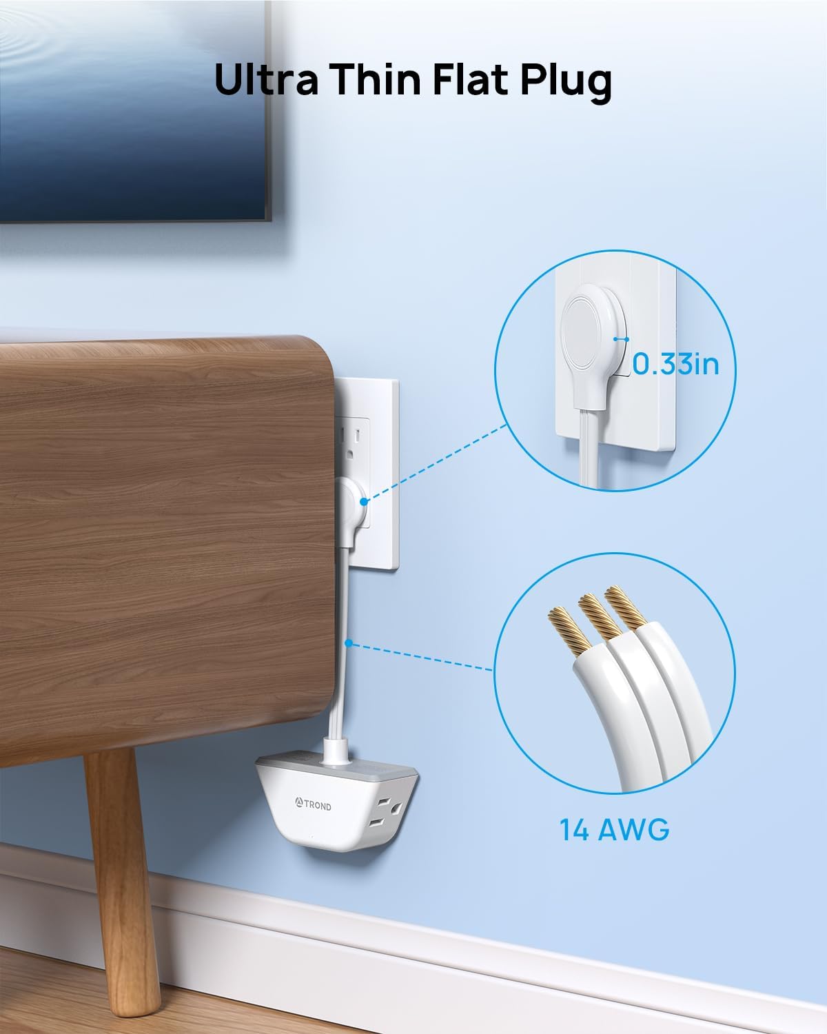 TROND Flat Outlet Extender with 6 Inch Cord - 3 Way Angled Plug Extension Outlet Adapter, Cruise Ship Essentials, Small Multiple Plug Splitter for Home Office Travel, White