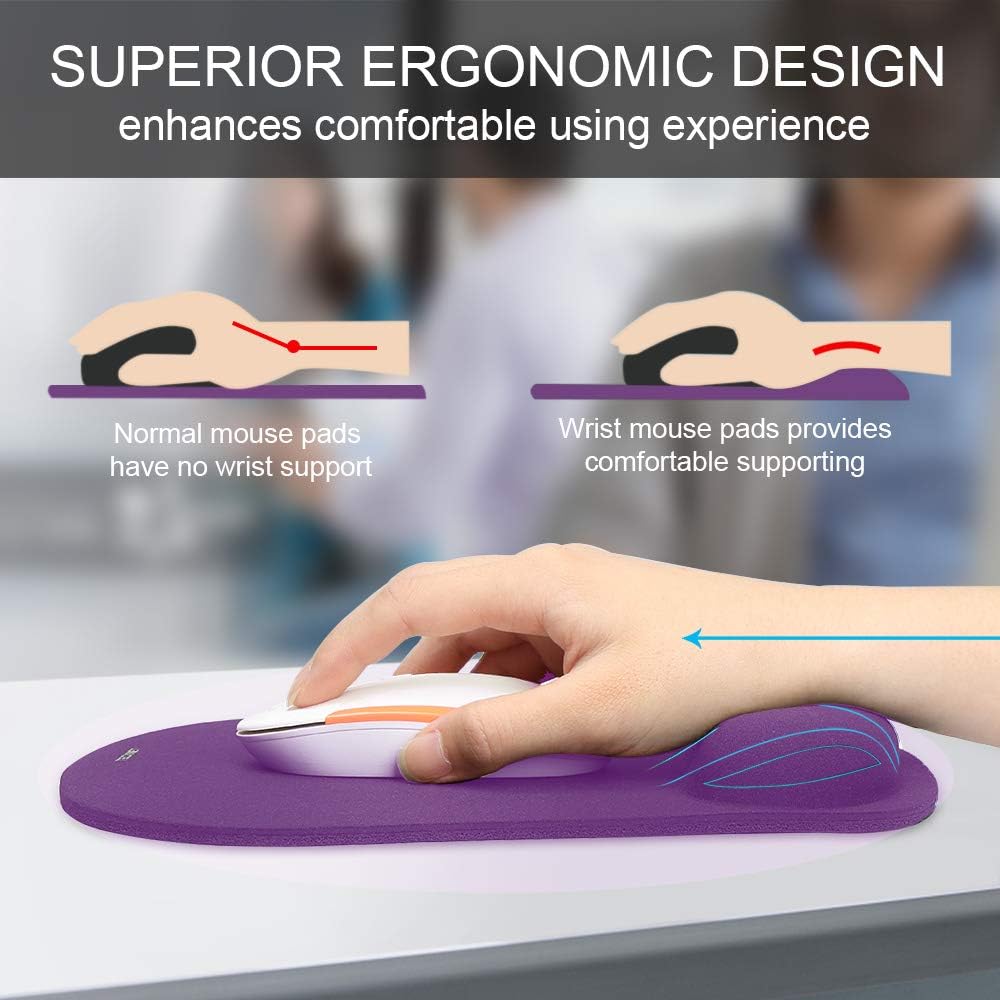 TECKNET 2 Pack Mouse Pad with Wrist Support, Ergonomic Gaming Mouse Pad Pain Relief, Portable Comfortable Mousepad for Computer, Laptop, Office, Home Non-Slip Base, Waterproof Surface - Purple