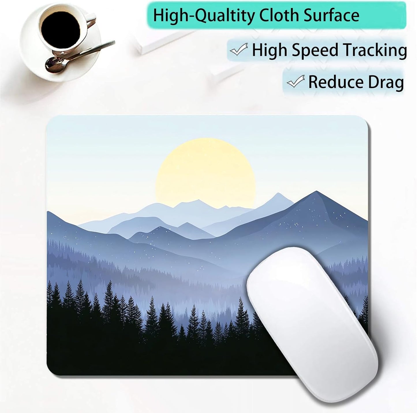 Misty Forest Moon Mountain Custom Mouse Pad with Non-Slip Rubber, Small Square Design for Wireless Laptop & Computer Mouse Pads for Desk, 9.5 x 7.9 inch Smooth Surface for Gaming & Office