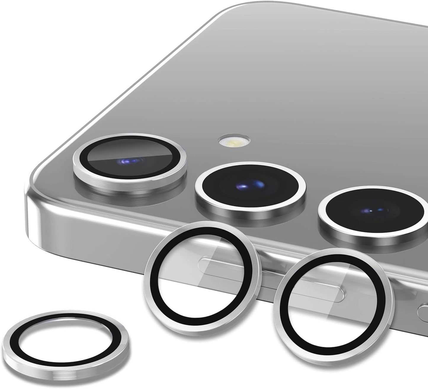 for Samsung Galaxy S25 Camera Lens Protector, Individual Metal Ring Tempered Glass Lens Cover, [Strong Adsorption] Scratch Resistant Ultra-Thin HD Clear Lens Cover, 1 Set-Silvery